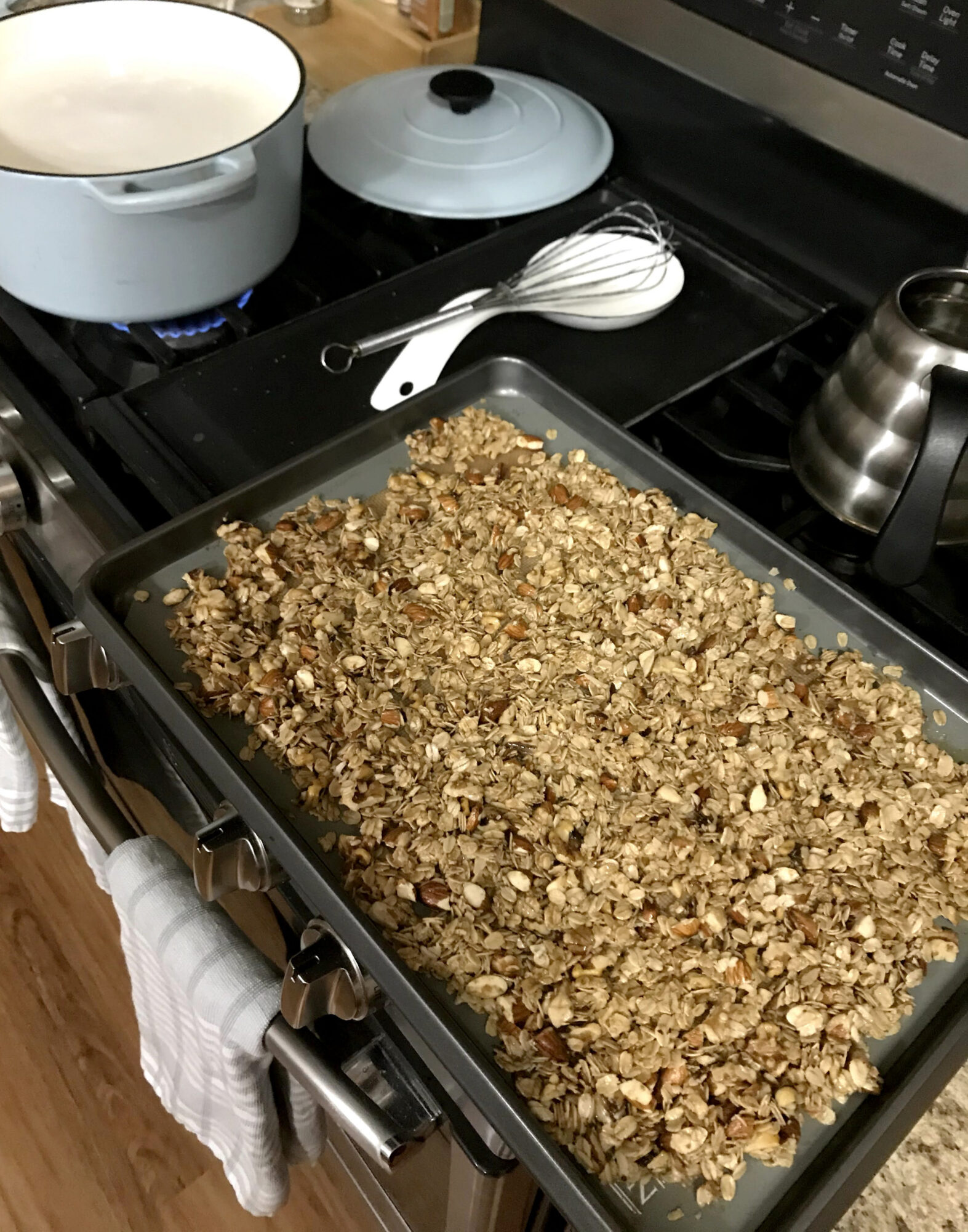 Sheet of granola on the stovetop
